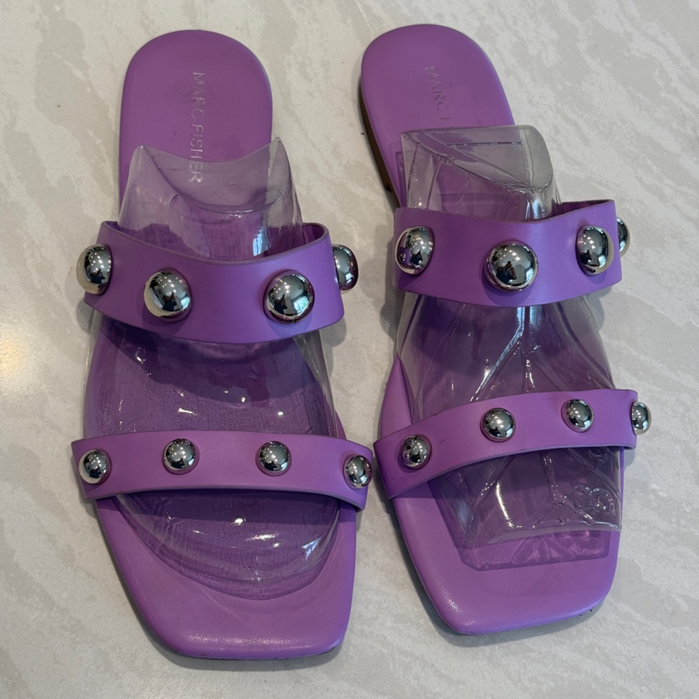 Marc Fisher Purple Stud-Accent Clear Strap Slide Mules